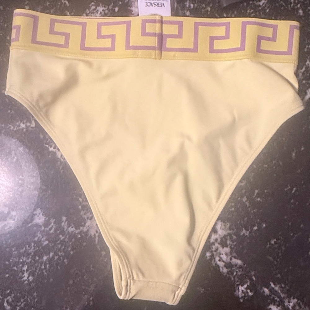 Versace 💛 Pale Yellow Medusa and Greca Print High Waist Bikini Bottom - Picture 7 of 11